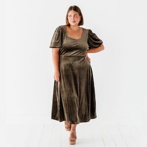 NWT Olive Green Gloria Velvet Midi Dress | Puff Sleeve, A-Line | Women’s Plus 3X